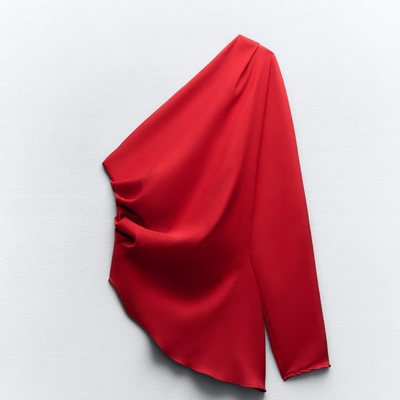 NWT ZARA RUCHED ASYMMETRIC TOP RED - Picture 4 of 5